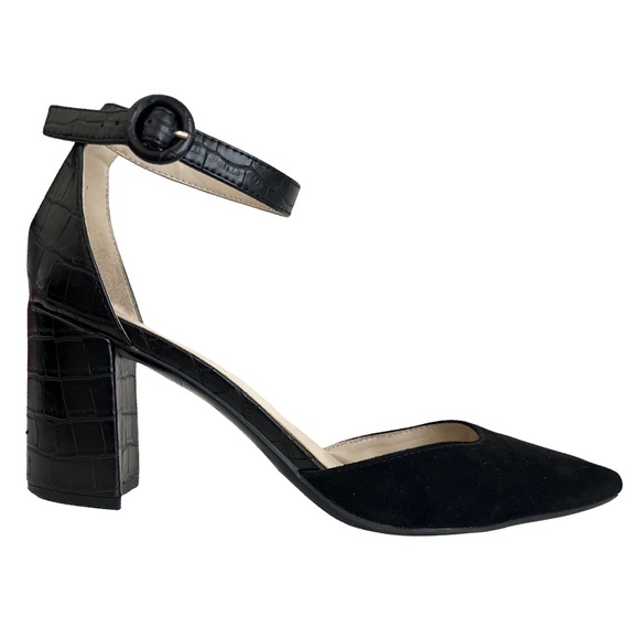 MARC FISHER • Black Crocodile Print Block Ankle Strap Pointed Toe Pump Heel - Picture 1 of 12